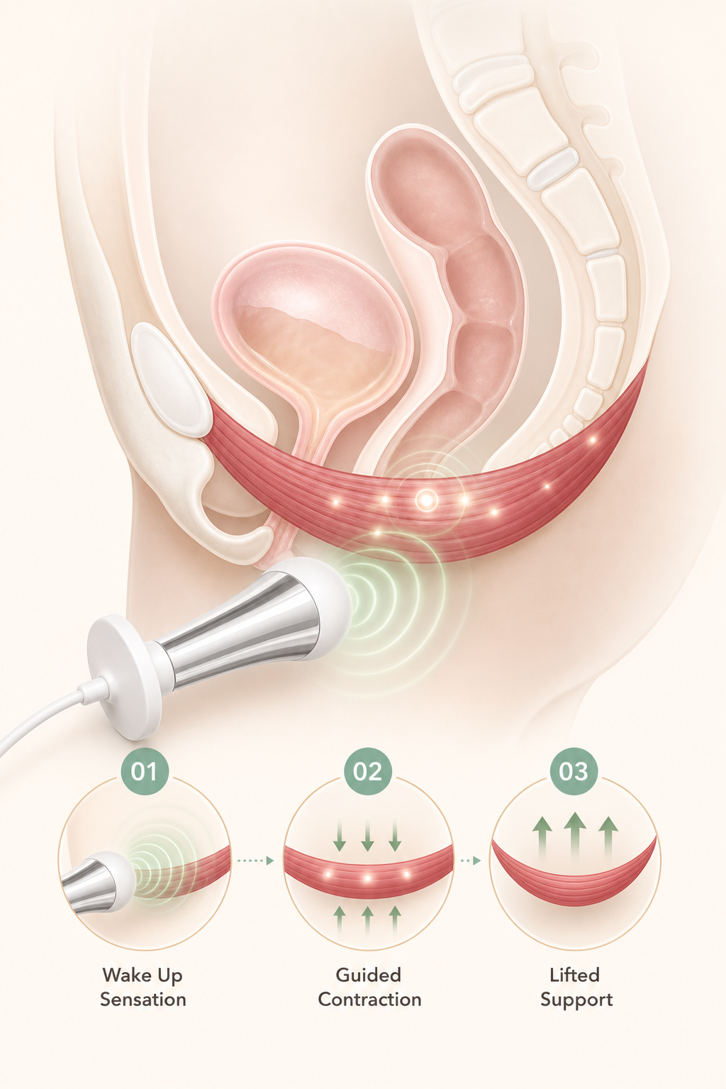 Diagram showing pelvic floor micro-pulse activation in three progressive steps: wake up sensation, guided contraction, lifted support