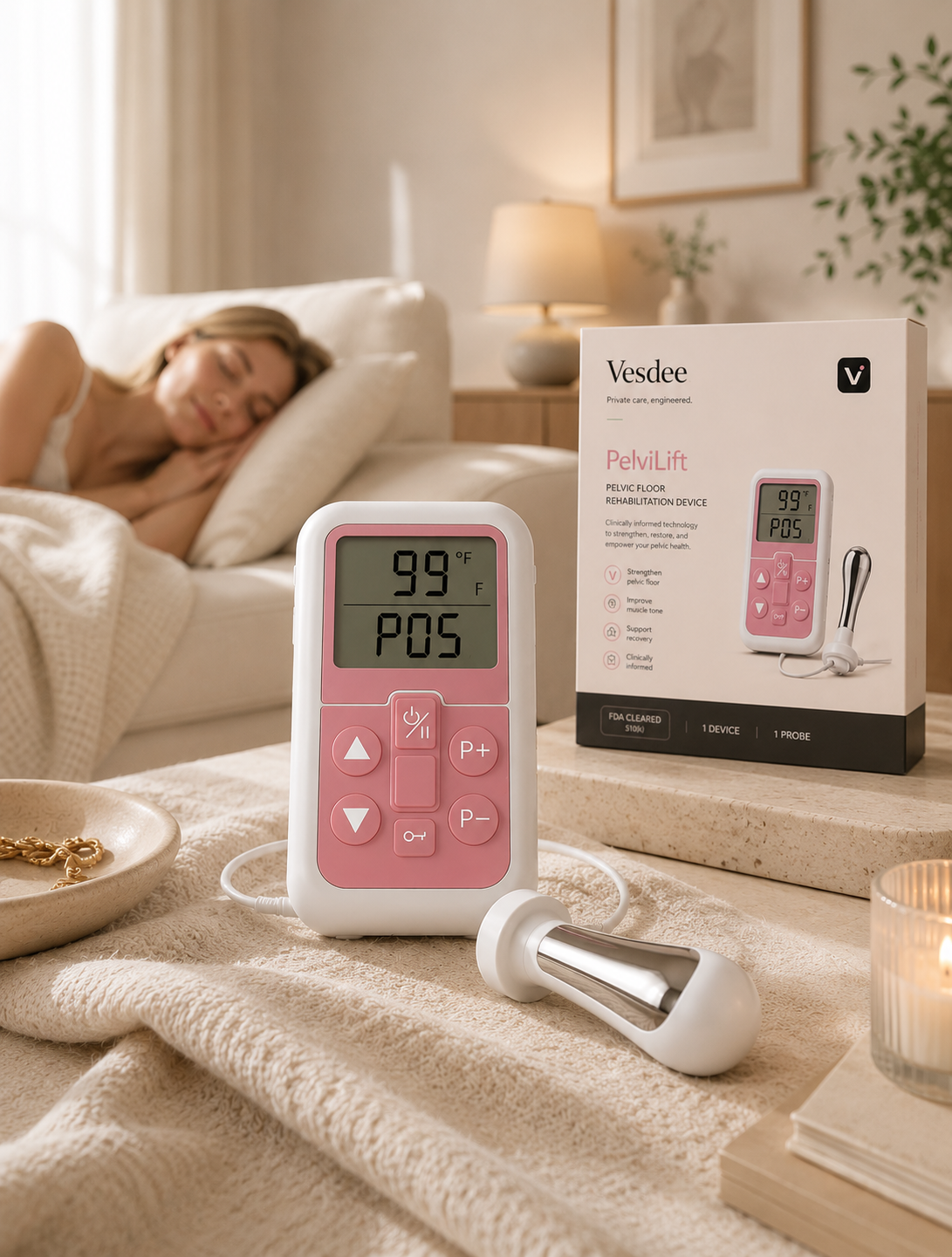 Vesdee PelviLift device with packaging in a warm bedroom setting